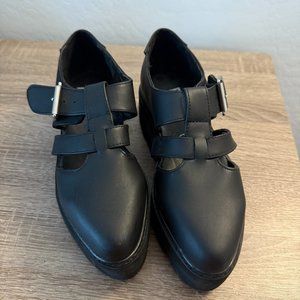 T.U.K. Black Big Buckle Pointed Dino Lug Sandal